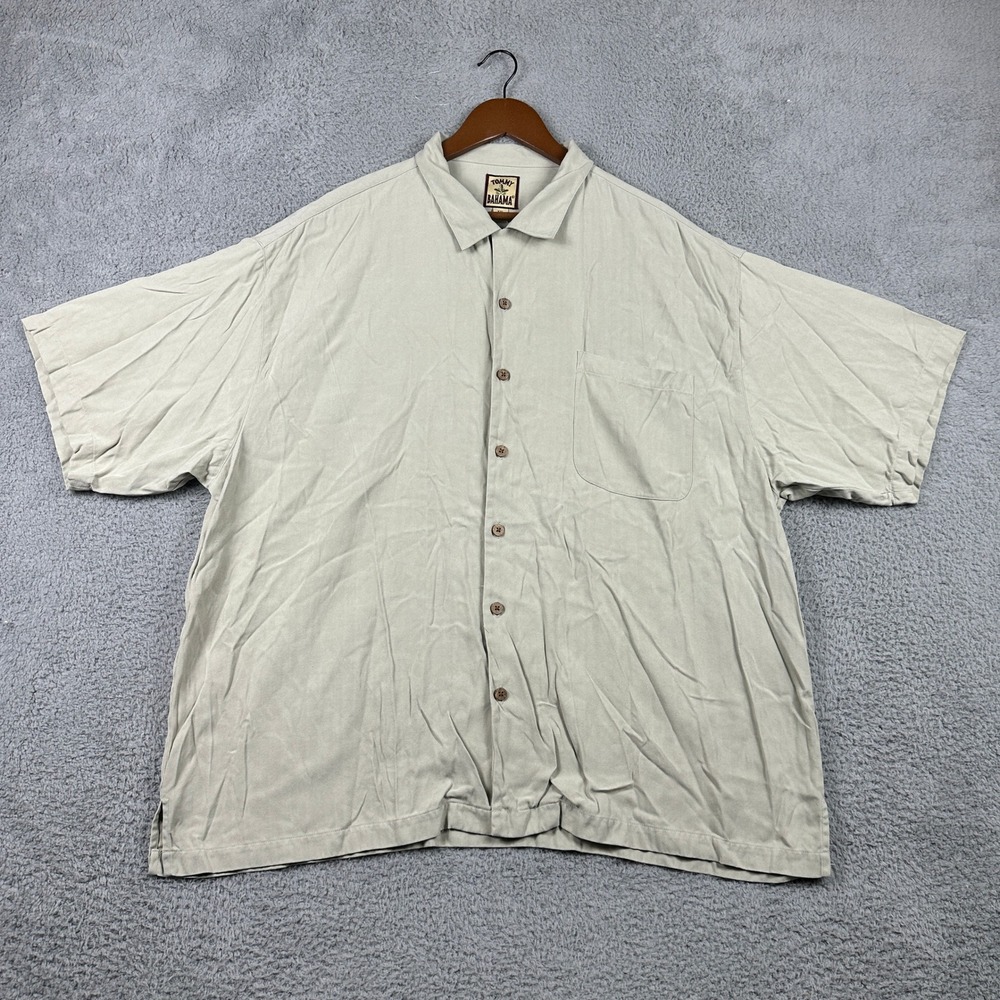 Tommy Bahama 100% Silk Herringbone Camp Shirt Mens‎ XXL Tan Beige Short Sleeve